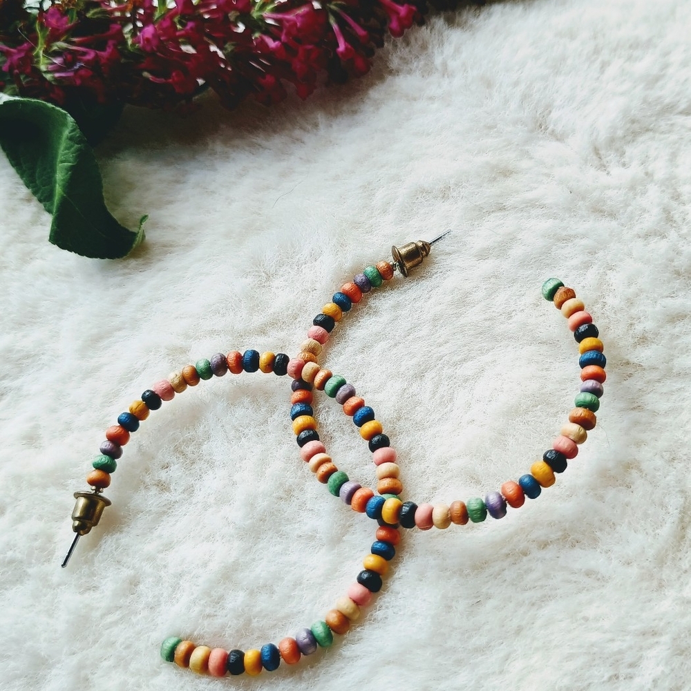 Vintage Bohemian rainbow wood beaded hoop earrings, festival wear, whimsygoth